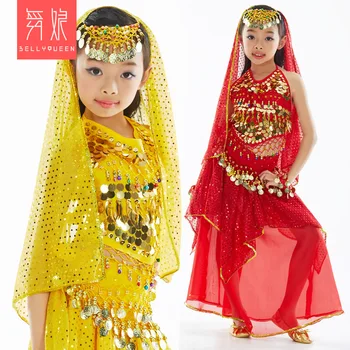 1 компл./лот 4 шт. детские индийские танцевальные костюмы для девочек, модные костюмы для танца живота, топ, юбка, пояс, головные уборы