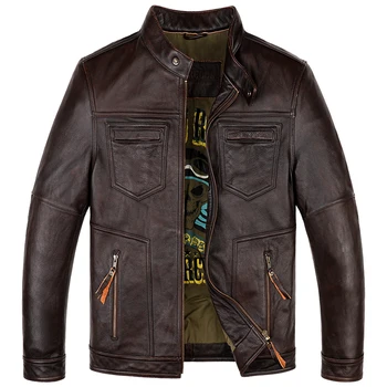 2022 Молодежная мужская мотоциклетная кожаная куртка Повседневная куртка из натуральной кожи со стоячим воротником в стиле ретро Тонкая кожаная куртка