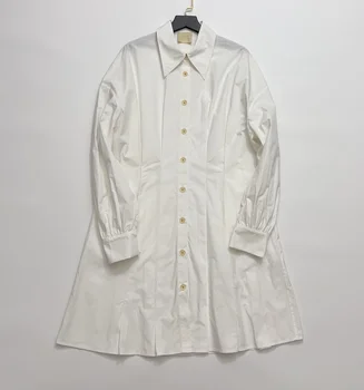 2023 Весенне-летнее плиссированное платье-рубашка из белого хлопка с нишевой талией, плиссированное платье-рубашка для женщин 2023 г.