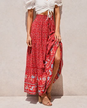 2023 Женская Красная Пляжная юбка в богемном стиле с цветочным принтом, высокая эластичная талия, Вискозные Хлопковые Макси-юбки в стиле бохо, Femme