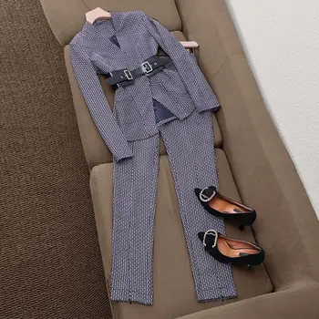 2023 Женские весенние модные комплекты из 2 предметов, женский клетчатый пиджак на одной пуговице, блейзер + Повседневные узкие брюки с высокой талией, женские костюмы E72
