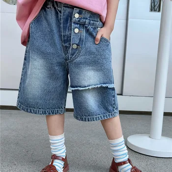 2023 Летние детские шорты из тонкой джинсовой ткани, модные две подделки, Модные универсальные широкие брюки унисекс длиной до колен для мальчиков и девочек