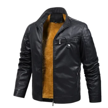 2023 Новая осенне-зимняя кожаная куртка для мужчин, мотоциклетные куртки со стоячим воротником, зимняя теплая флисовая ветровка, пальто, верхняя одежда