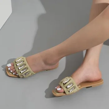 2023 Новые летние женские тапочки, Модные дизайнерские Роскошные туфли на плоской подошве с бриллиантами, Женская обувь на мягкой подошве, Дышащие пляжные шлепанцы