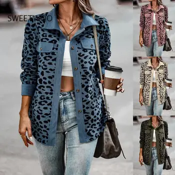 2023 Осенняя леопардовая куртка, женская вельветовая куртка, пальто, женская верхняя рубашка с длинным рукавом, Зимняя свободная рубашка, Куртки для женщин