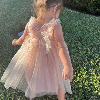 2023 Платье с бабочкой цвета шампанского для маленьких девочек, тюлевое платье принцессы на день рождения, праздничные костюмы для девочек, платье-пачка для выпускного вечера