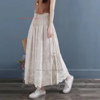 2023 национальная винтажная хлопчатобумажная льняная юбка harajuku, юбка с эластичным поясом в стиле ретро с цветочной вышивкой, традиционная китайская этническая юбка