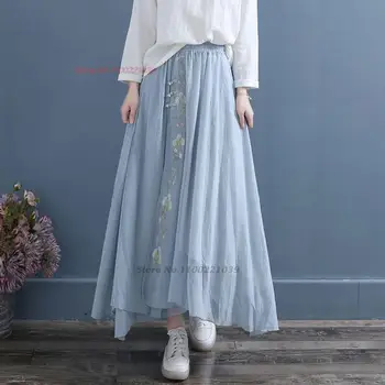 2023 традиционная китайская винтажная юбка, женская хлопчатобумажная льняная юбка с национальной цветочной вышивкой, восточная ретро-народная юбка трапециевидной формы