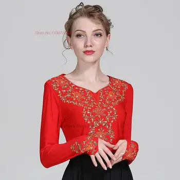 2023 традиционная китайская винтажная рубашка с национальной цветочной вышивкой, сетчатая рубашка с блестками, восточный танский костюм, китайская рубашка для народных танцев