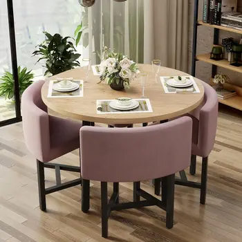 40-дюймовый круглый деревянный обеденный стол с 4 стульями с розовой обивкой для уголка балкона