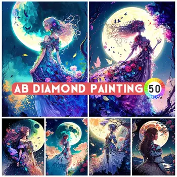 AB Drill Diamond Art Girl Moon Full 5D DIY Алмазная живопись Мозаичная картина Женщина Темно-готические наборы для вышивки крестом Ремесла Домашний декор