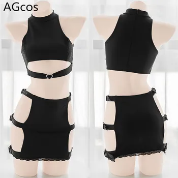 AGCOS Оригинальный дизайн, черные раздельные костюмы, женский костюм для косплея, топ + юбка, сексуальный косплей