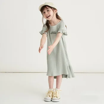 HoneyCherry Летнее новое милое платье с рукавами-рюшами для девочек, однотонное платье с вышивкой буквами, платье с нерегулярным подолом