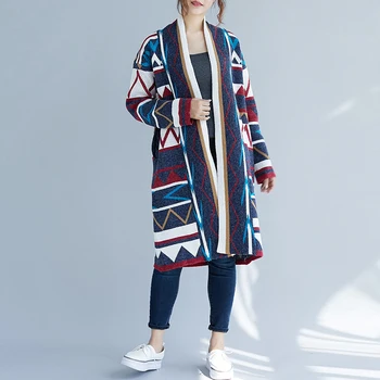 Johnature Осень-зима, новое Корейское длинное вязаное женское пальто с принтом 2023, повседневный кардиган, свободные теплые женские пальто