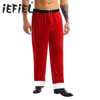 M-4XL Красные мужские рождественские костюмы из мягкого бархата для взрослых, брюки Санта-Клауса, длинные брюки для косплея, свободные брюки для новогодней вечеринки