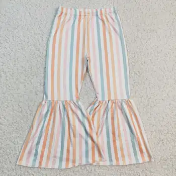 P0041, брюки из молочного шелка в цветную полоску, Милые расклешенные брюки для маленьких девочек, модная повседневная детская одежда
