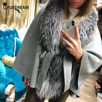 Q. FURDREAM/ Новое женское шерстяное пальто с воротником из натурального меха лисы, верхняя одежда, модное женское кашемировое шерстяное пальто, длинная тонкая одежда