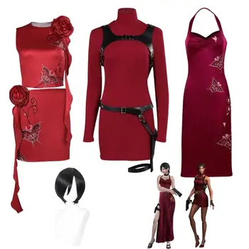 Resident 4 Ада Вонг Зло Косплей костюм Женское платье Черный парик Наряды Хэллоуин Карнавальная вечеринка Маскировочный костюм для дам и девочек