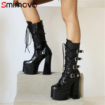 Smirnova 2022 Женские сапоги до середины икры большого размера 46, обувь на платформе и очень высоком каблуке в европейском стиле, женские сапоги-гладиаторы в римском стиле