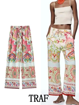 TRAF 2023 Женские длинные брюки с принтом, весенние модные домашние брюки, винтажные шикарные широкие брюки, женские повседневные брюки