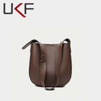 UKF, однотонная сумка-мешок, женская сумка через плечо из воловьей кожи, широкие ремни, роскошная элегантная сумка через плечо высокого качества