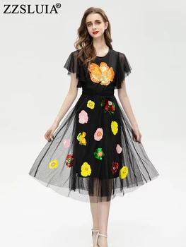 ZZSLUIA/ Элегантные женские платья в стиле пэчворк с блестками, дизайнерское тонкое платье миди, Модные сетчатые платья с коротким рукавом, женская одежда