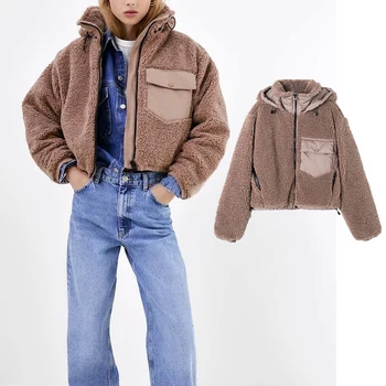 za 2020, новая мода, женская осенне-зимняя куртка с капюшоном из овечьей шерсти, Косматые теплые укороченные куртки, пальто, верхняя одежда на молнии