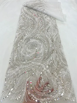 Белая свадебная кружевная ткань 2023 Высокого качества для свадебных платьев, расшитая бисером Кружевная ткань, тюль, роскошное новое поступление, ткань с блестками, 5 ярдов