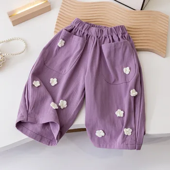 Весенне-осенняя модная детская одежда, эластичные фиолетовые брюки с цветочным декором для маленьких девочек, повседневные штаны для младенцев