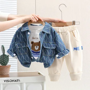 Весенний комплект одежды для маленьких мальчиков и девочек 2023 года, новая джинсовая бейсбольная куртка Little Bear, детский модный комплект осенней одежды для мальчиков и девочек