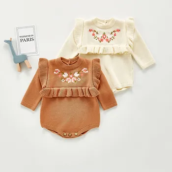Весна 2021 года, трикотажные боди для новорожденных девочек с цветочной вышивкой в Корейском стиле, комбинезоны принцессы для младенцев, одежда для малышей