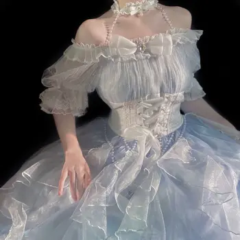 Виктория Элегантное, милое платье KawaiiLolita с высокой талией и коротким рукавом, платье принцессы с пышными рукавами трапециевидной формы, платье феи