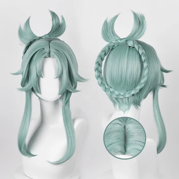 Высококачественный парик для косплея Madame Ping Genshin Impact Madame Ping 45 см Сине-зеленый Серый Термостойкие парики + Шапочка для парика