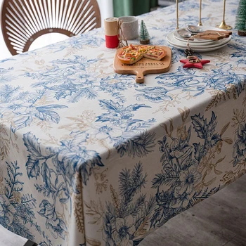 Деревенская скатерть Классическая Французская Деревенская хлопчатобумажная льняная ткань с синим принтом, Прямоугольное покрытие стола для кухни и столовой