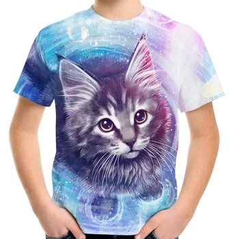 Детская 3D футболка Летняя для девочек и мальчиков, крутая футболка с короткими рукавами и принтом кота из мультфильма для детей от 4 до 20 лет, модные футболки для подростков