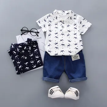Детская одежда, Летняя Новая одежда для малышей, Детская футболка В корейском стиле с изображением Короны, Комплекты из 2 предметов для мальчиков с короткими рукавами