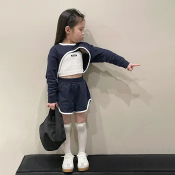 Детская одежда, Повседневный комплект в Корейском стиле Для девочек, Весенне-Летний Новый Топ в стиле Ретро С длинными рукавами и Шортами, Комплект из трех предметов