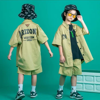 Детская одежда в стиле хип-хоп, кардиган цвета Хаки, Бейсбольная рубашка, Топы, Летние Шорты-карго, Брюки для девочек и мальчиков, одежда для джазовых танцев