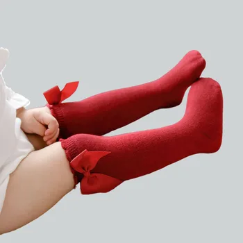 Детские носки для девочек из 100% хлопка, однотонные, испанские, длиной до колена, мягкие, для малышей, с большим бантом, свободные чулки принцессы 0-7 лет