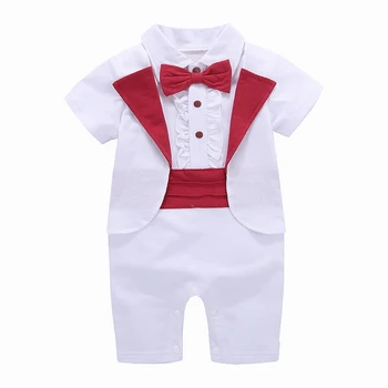 Детский комбинезон для новорожденных, летняя одежда для мальчиков, костюм для крестин с коротким рукавом, детский формальный цельный смокинг, хлопок, белый