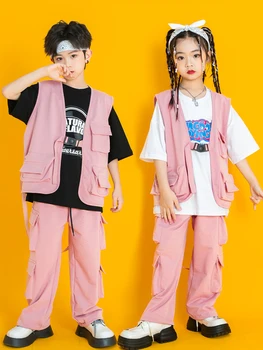 Детский костюм в стиле хип-хоп, Розовый жилет, Брюки для девочек, мальчиков, одежда для уличных танцев, джазовых выступлений, одежда для современных танцев Kpop BL10389