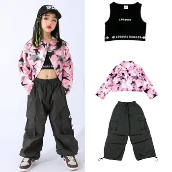 Детский костюм для джазовых танцев Камуфляжные свободные брюки с длинными рукавами Kpop Наряды для девочек Одежда для хип-хоп выступлений DN13926