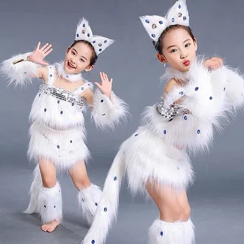 Детский костюм для косплея девочки-кошки, Белая Лиса, Танцевальные костюмы для косплея животных для детей, Косплей на Хэллоуин, Милое сценическое представление