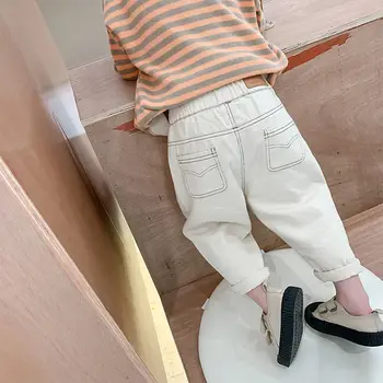 Джинсы для мальчиков и девочек, джинсовые штаны-шаровары на весну-осень, детская одежда, длинные Детские брюки из ковбойского хлопка Корейских модных линий