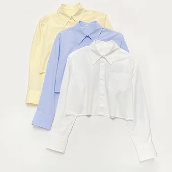 Дизайн в корейском стиле, свободная рубашка с воротником в стиле колледжа, милая рубашка с длинным рукавом и коротким карманом, женская летняя уличная одежда