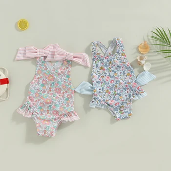 Для детей 1-6 лет, летний купальник для маленьких девочек, без рукавов, с перекрестной спинкой, с цветочным принтом и рюшами, купальный костюм