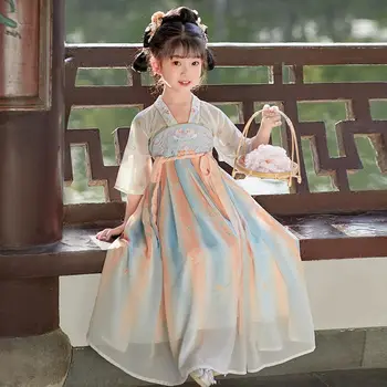 Для детей постарше Китайское улучшенное платье Hanfu Летнее Новое Вышитое Детское платье в Древнем стиле из шифона с высокой талией, длинные платья