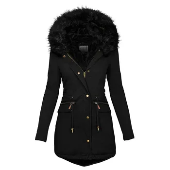 Женская зимняя длинная куртка, повседневная толстая теплая куртка из искусственного меха, плюшевые парки с меховым воротником и капюшоном, женские зимние куртки, тонкое пальто куртка