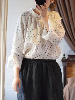 Женская свободная льняная блузка в горошек, женская винтажная льняная рубашка, женская весенне-летняя блузка, топы 2023