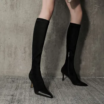 Женские сапоги до колена из эластичной ткани с острым носком в уличном стиле, весна-осень, модная обувь на высоком каблуке, длинные пинетки